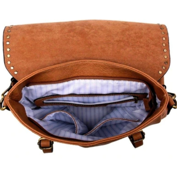 New! Camel Studded Vegan Leather Convertible Backpack Bag - Picture 5 of 6